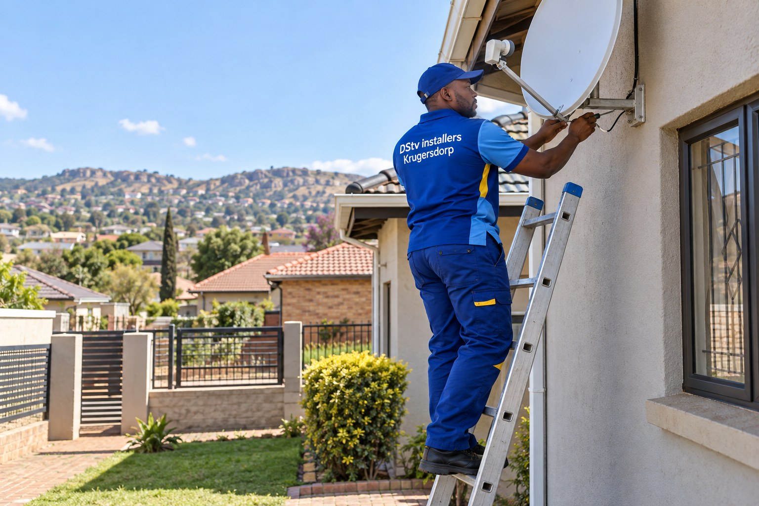 Illustrative image of a technician installing a satellite dish